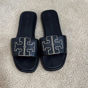 Tory Burch Black and Gold Slide Sandals